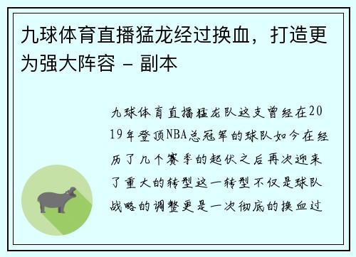 九球体育直播猛龙经过换血，打造更为强大阵容 - 副本