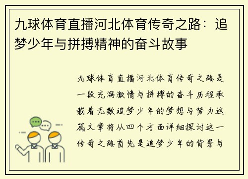 九球体育直播河北体育传奇之路：追梦少年与拼搏精神的奋斗故事