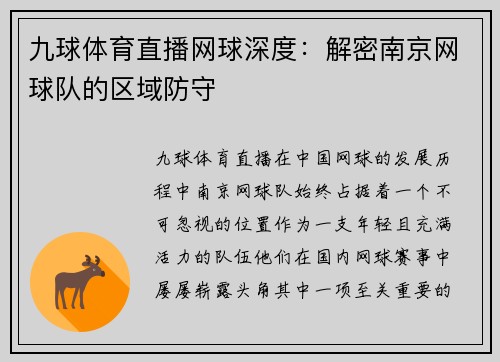 九球体育直播网球深度：解密南京网球队的区域防守