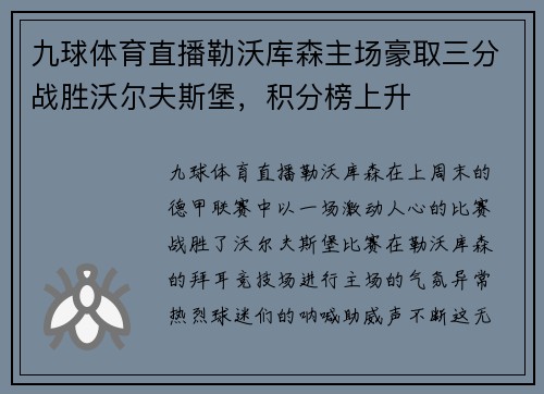 九球体育直播勒沃库森主场豪取三分战胜沃尔夫斯堡，积分榜上升