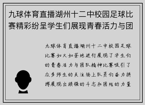 九球体育直播湖州十二中校园足球比赛精彩纷呈学生们展现青春活力与团队精神
