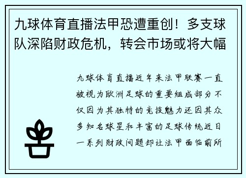 九球体育直播法甲恐遭重创！多支球队深陷财政危机，转会市场或将大幅收缩