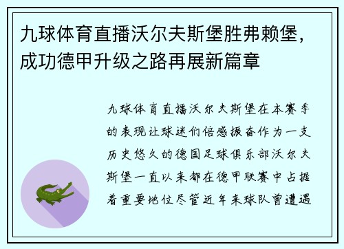 九球体育直播沃尔夫斯堡胜弗赖堡，成功德甲升级之路再展新篇章